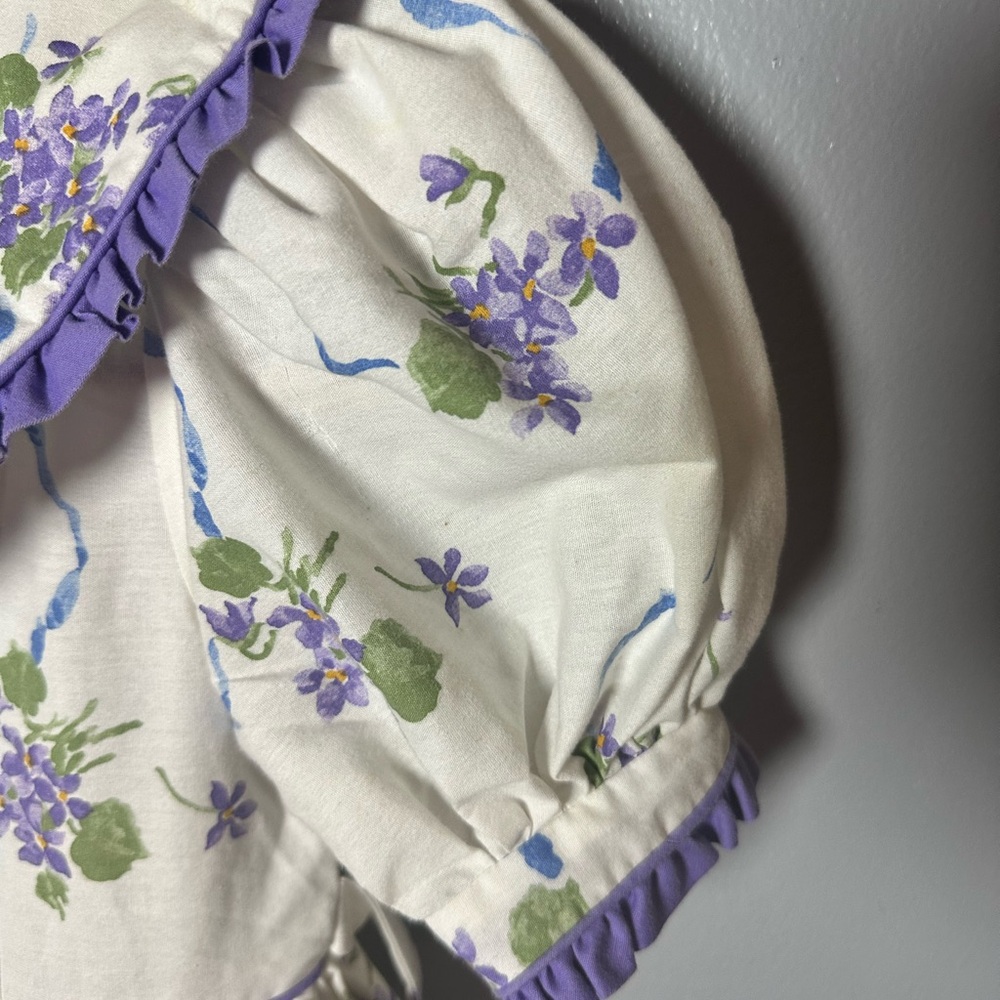 Vtg White Purple Floral Tea Dress Puff Sleeves Collar Eyelet Lace Girl’s 10/12 - Picture 6 of 6